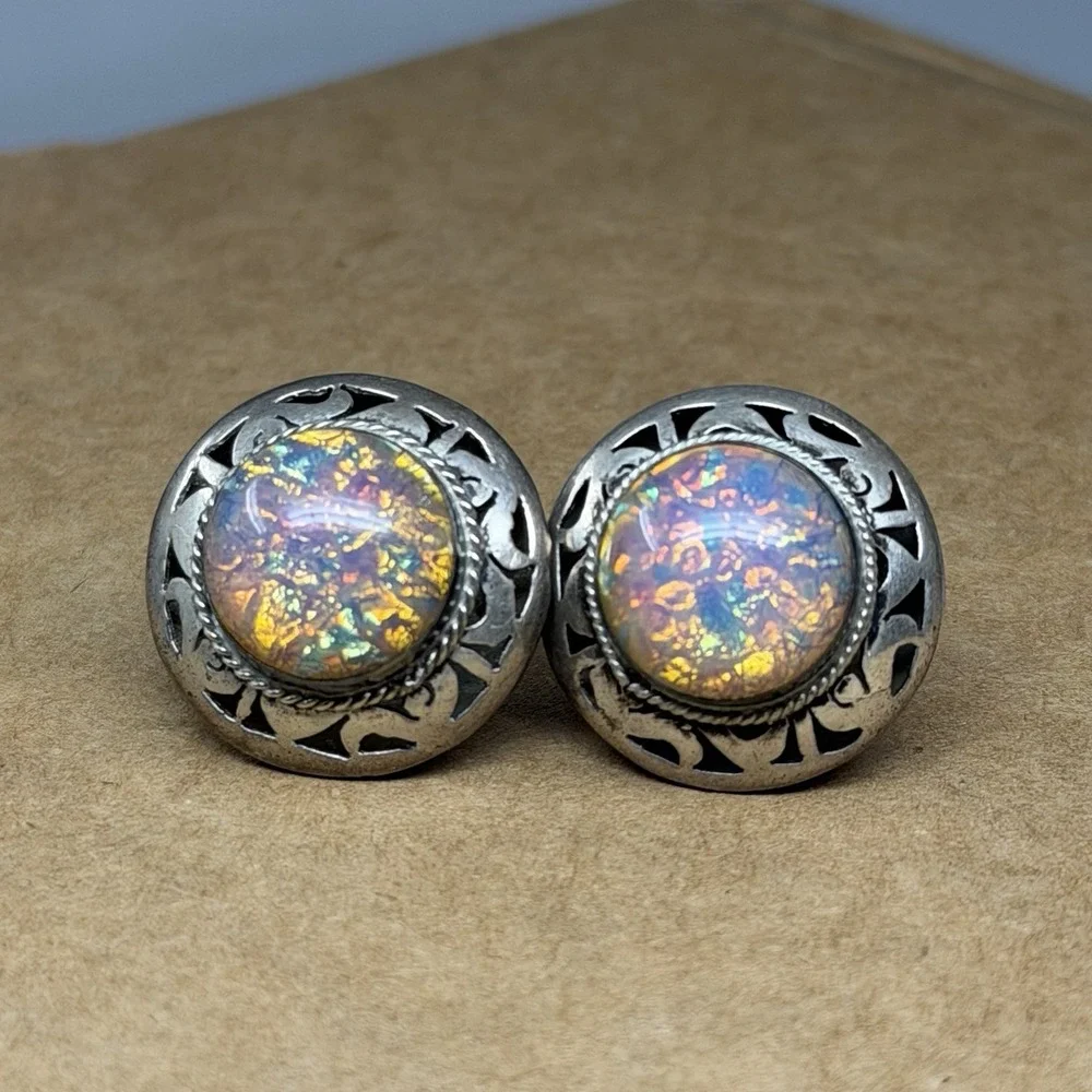 Vintage Sterling Silver Cufflinks Dragon's Breath Glass Cabochon Openwork